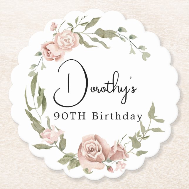 Porta-copo De Papel Dusty Pink Rose Floral 90 Birthday (Frente)