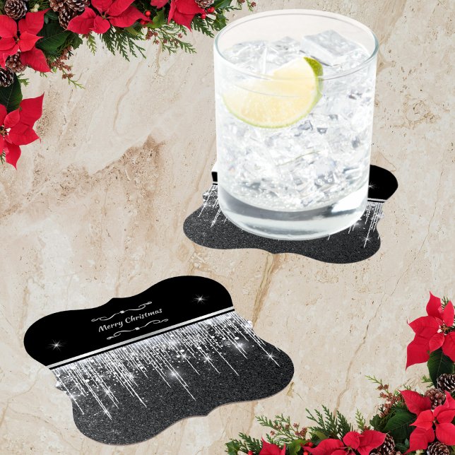 Porta-copo De Papel Elegant Black and Silver Sparkling Merry Christmas (Elegant sparkly silver and black fancy paper coasters)