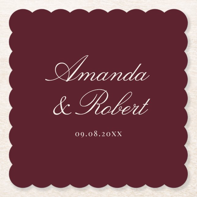 Porta-copo De Papel Elegant Burgundy Calligraphy Wedding (Frente)