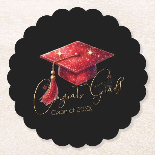 Porta-copo De Papel Elegant Congrats Grad Artwork in Red, Gold & Black (Frente)