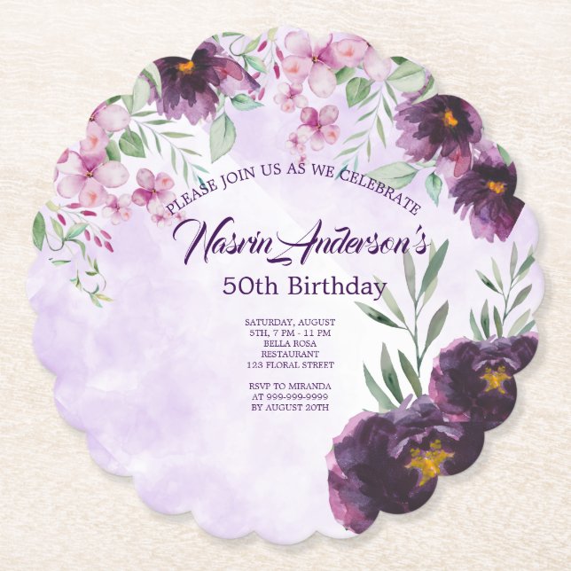 Porta-copo De Papel Elegant Purple Floral Birthday Invitation (Frente)