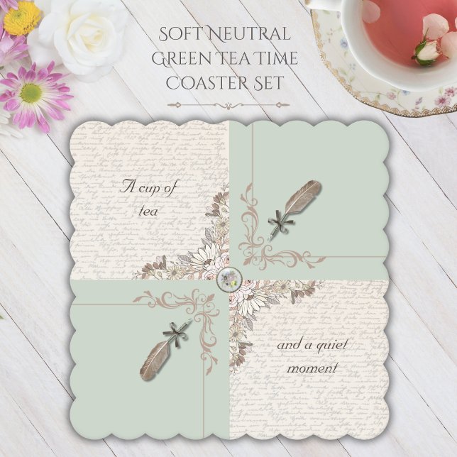 Porta-copo De Papel Elegant Soft Green Tea Time Literary Scalloped  (Makes a thoughtful and unique gift idea for book lovers, writers, and those who adore Cottagecore)