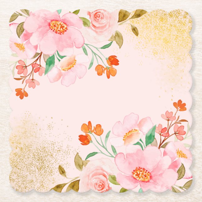 Porta-copo De Papel Elegant Soft Pastel Flowers with Gold Texture  (Frente)