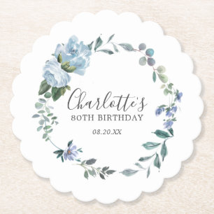 Porta-copo De Papel Elegante Dusty Blue Floral 80 de Aniversário Perso