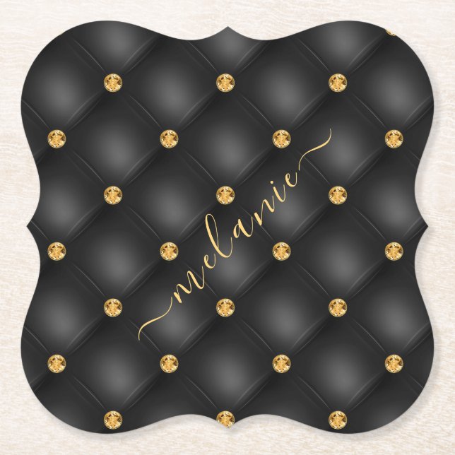 Porta-copo De Papel Elegante Luxo Black Gold Diamond Tufted Seu Nome (Frente)