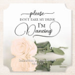 Porta-copo De Papel Elegante Rosa de Pêssego Não Tome Meu Casamento de<br><div class="desc">Esta porta copos de casamento é elegante, na moda, e divertida! Ele apresenta uma foto de um rosa colorido de pêssego claro, solteiro, de longo e manchado, ao lado, espelhado em uma piscina de água. O texto diz "Por favor, não tome minha bebida, estou dançando" escrito em letras modernas. Há...</div>