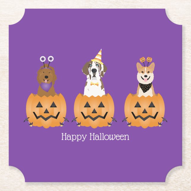Porta-copo De Papel Feliz Cachorros De Halloween Em Pumpkins (Frente)