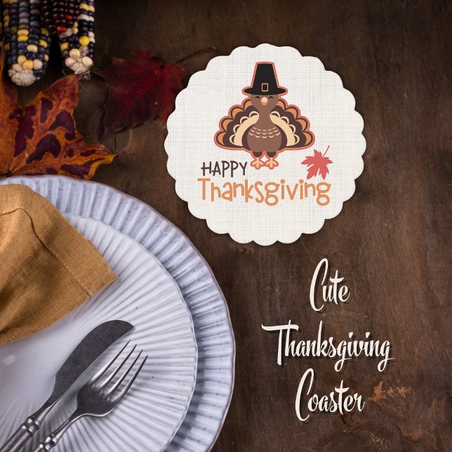 Porta-copo De Papel Feliz Dia de Ação de Graças - Bonita Peregrinação  (Happy Thanksgiving Cute Pilgrim Turkey Paper Coaster)