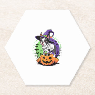 Porta-copo De Papel Feliz Halloween com Boston Terrier Mummy & Witch