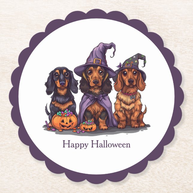 Porta-copo De Papel Feliz Halloween Dachshund Witch Dogs (Frente)