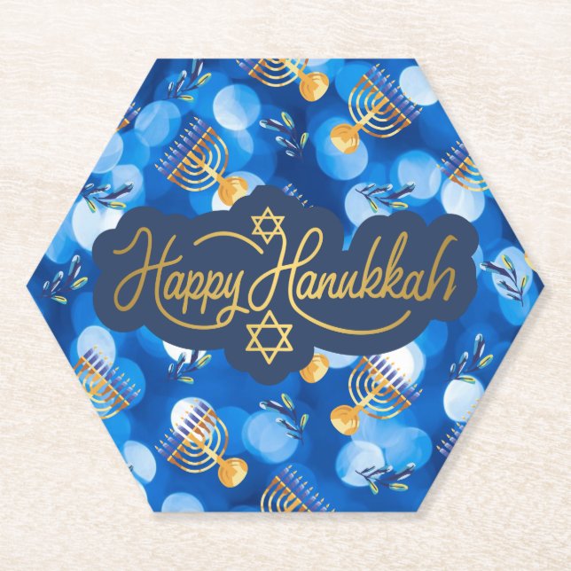 Porta-copo De Papel Feliz Hanukkah Azul e Branco (Frente)