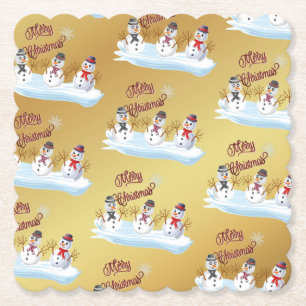 Porta-copo De Papel Feliz Natal e bonecos de neve em dourado falso