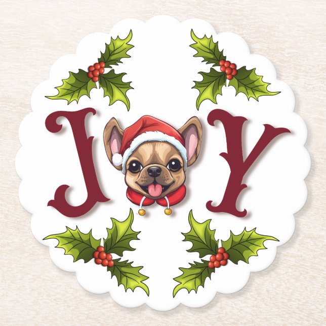 Porta-copo De Papel Feliz Natal Joy Bonito Bulldog Francês Holly (Frente)