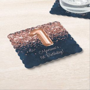 Porta-copo De Papel Festa de 1º Aniversário Rose Gold Navy Blue