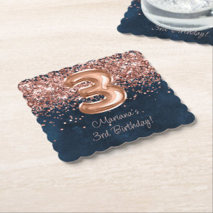Porta-copo De Papel Festa de 3 anos Rose Gold Navy Blue