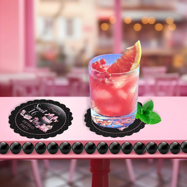 Porta-copo De Papel Festa de aniversário 16 Suave de Moda Preta Glam (Glam Pink and Black French Couture Fashion Sweet 16 Birthday Party Coasters)
