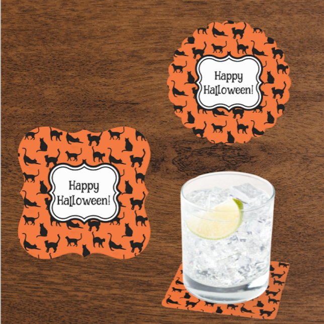 Porta-copo De Papel Festa de Halloween Personalizada - Gato Negro Lara (Personalize with your own message coasters)