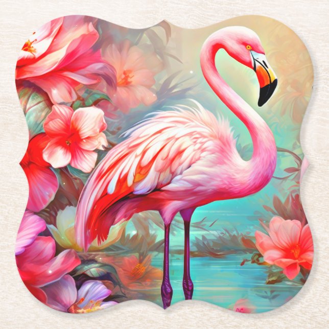 Porta-copo De Papel Flamingos rosa em um lago com flores-20231 (Frente)