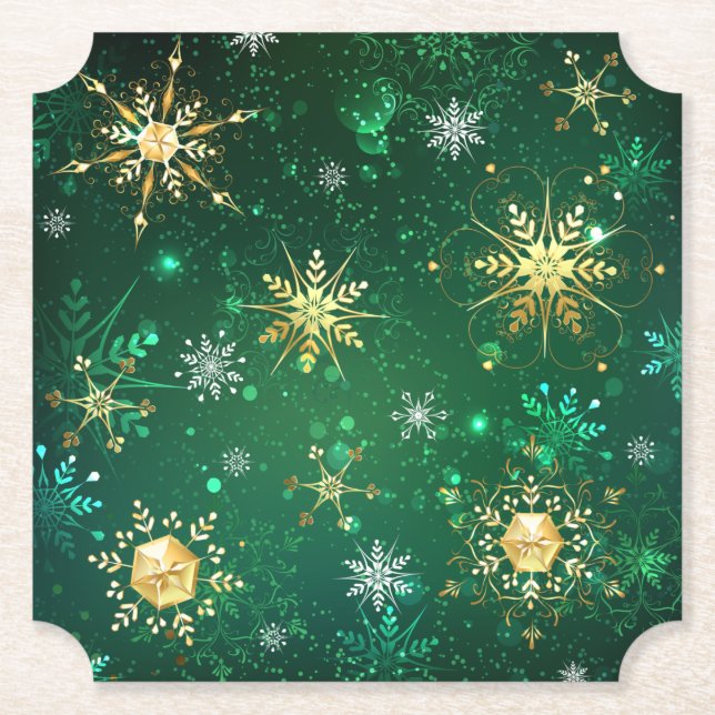 Porta-copo De Papel Flocos de neve do Ouro Xmas em fundo verde (Frente)
