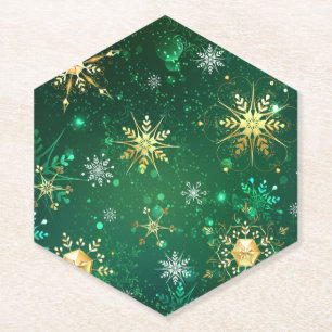 Porta-copo De Papel Flocos de neve do Ouro Xmas em fundo verde
