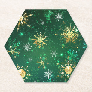 Porta-copo De Papel Flocos de neve do Ouro Xmas em fundo verde
