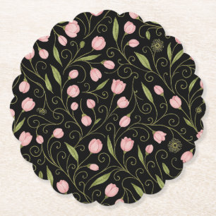Porta-copo De Papel Flor rosa e branca a preto com padrão repetitivo