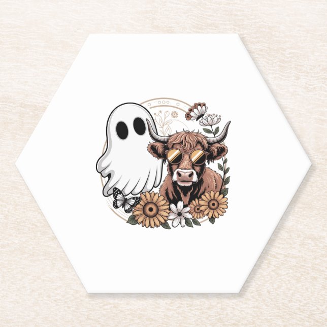 Porta-copo De Papel Floral Fall Highland Cow Ghost (Frente)