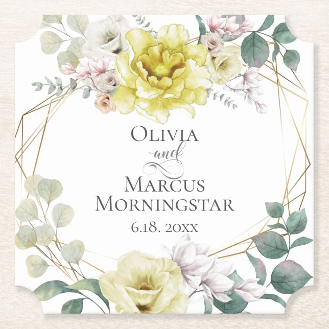 Porta-copo De Papel Flores Amarelas De Pedra De Casamento Elegante (Frente)