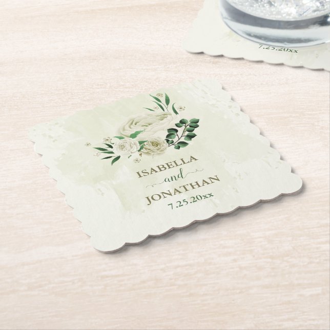 Porta-copo De Papel Flores brancas de marfim, verde casamento (Angular)