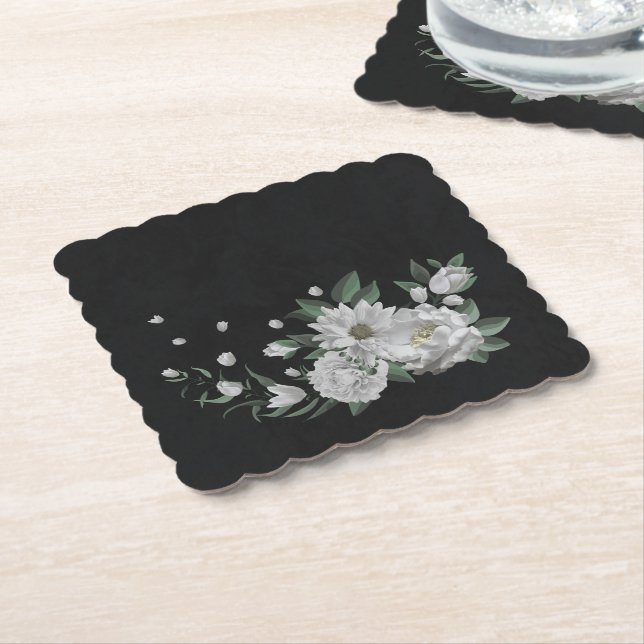 Porta-copo De Papel flores brancas românticas e folhas verdes negras (Angular)