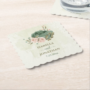 Porta-copo De Papel flores de casamento em verde sálvia e blush