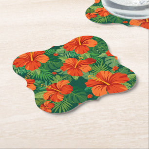 Porta-copo De Papel Flores de Hibisco Vermelho Laranja Verde Folhagem