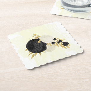 Porta-copo De Papel Flores pretas e brancas românticas douradas