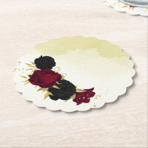 Porta-copo De Papel flores pretas vermelhas folhas douradas casamento