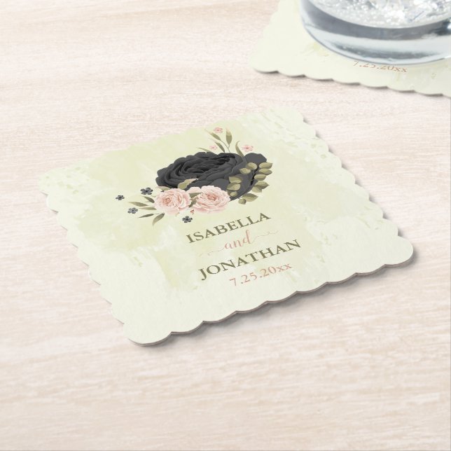 Porta-copo De Papel flores rosa com blush preto casamento (Angular)