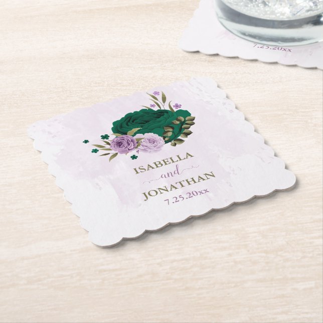Porta-copo De Papel flores roxas casamento verde esmeralda (Angular)