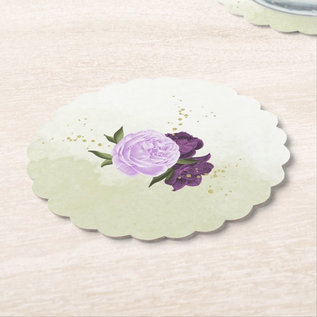 Porta-copo De Papel flores roxas folhas verdes casamento (Angular)