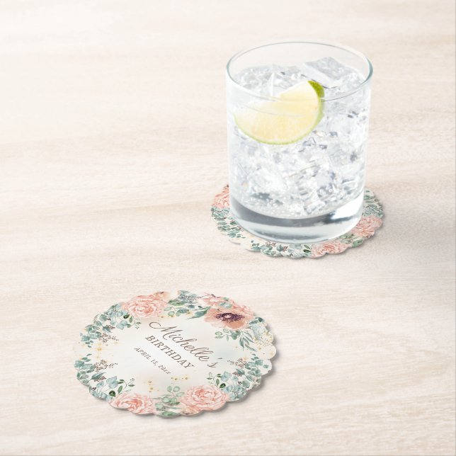 Porta-copo De Papel Folhagem Verde Floral Rosa Dourada - Dia de Aniver (Insitu)