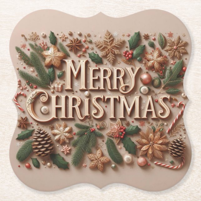 Porta-copo De Papel Folhagens clássicas de Natal alegre  (Frente)