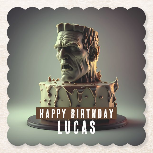 Porta-copo De Papel Frankenstein Head Birthday Chocolate - (Frente)