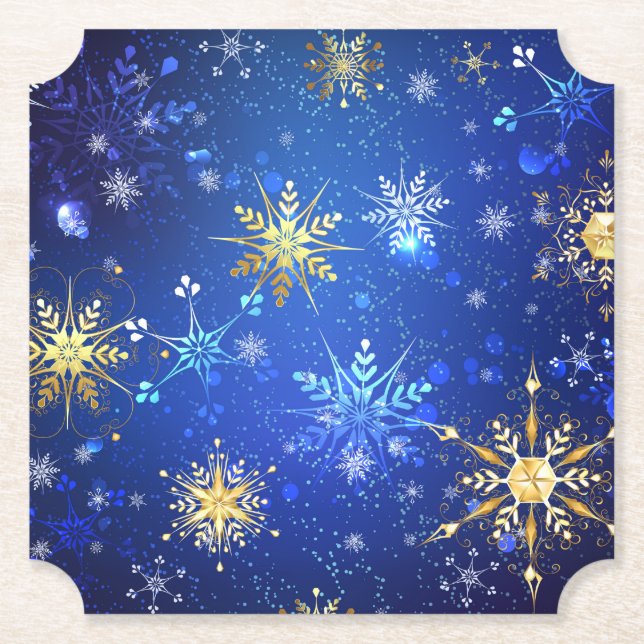 Porta-copo De Papel Fundo Azul XMAS com Flocos de Neve Ouro (Frente)