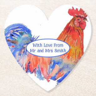 Porta-copo De Papel Galinha do Galo Vermelho Casamento Aquarela Azul