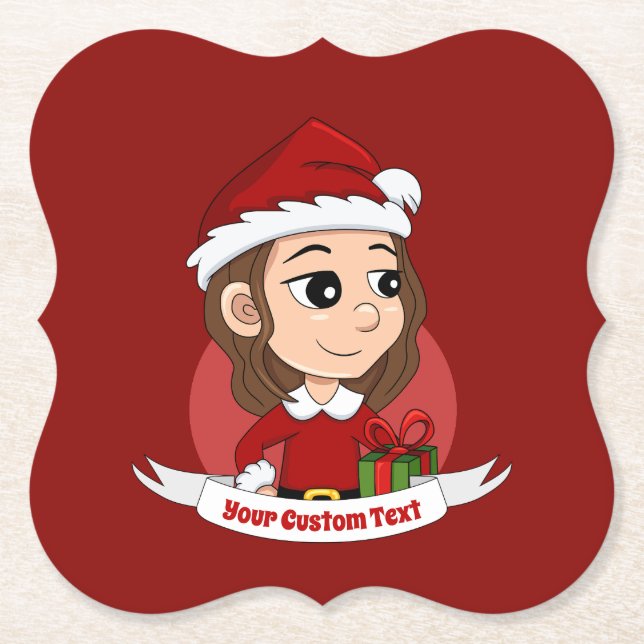 Porta-copo De Papel Garota de Natal com cabelo ondulado castanho (Frente)
