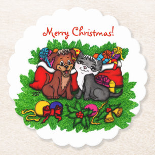 Porta-copo De Papel Gatinho e puppy, XMas feliz