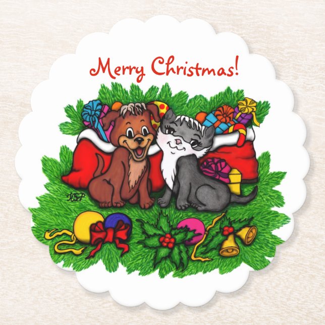 Porta-copo De Papel Gatinho e puppy, XMas feliz (Frente)