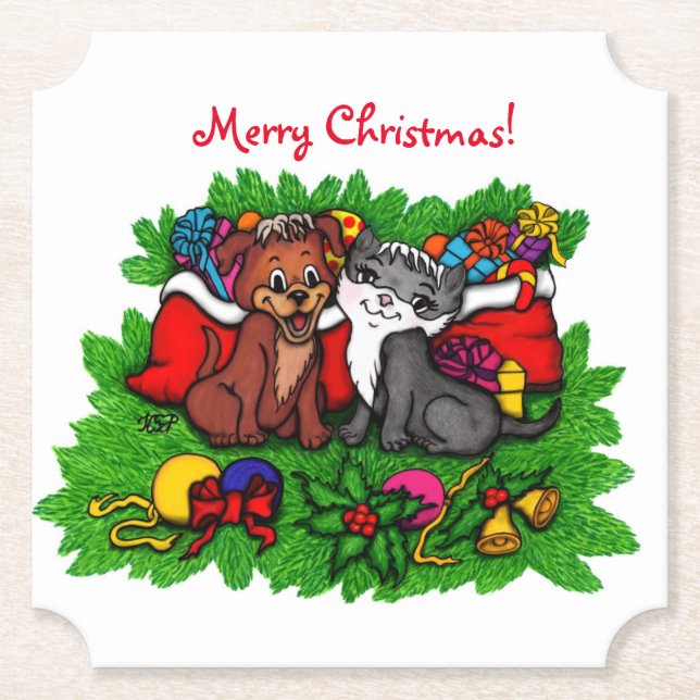 Porta-copo De Papel Gatinho e puppy, XMas feliz (Frente)