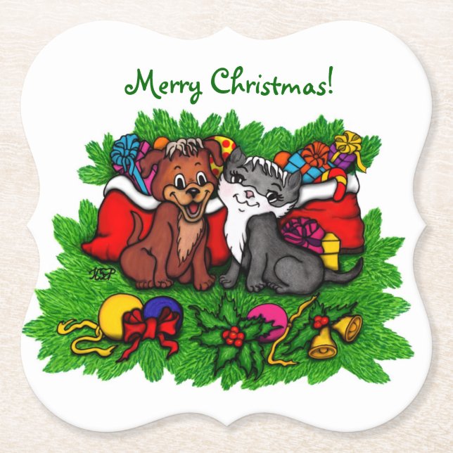 Porta-copo De Papel Gatinho e puppy, XMas feliz (Frente)