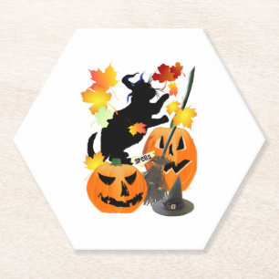 Porta-copo De Papel Gatinho Negro Halloween Batendo Folhas Bonito