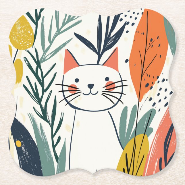 Porta-copo De Papel Gato Adorável numa Ilustração de Jardim (Frente)