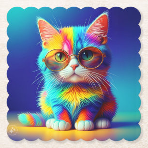 Porta-copo De Papel Gato Arco-Íris Com Óculos Retrato-47567
